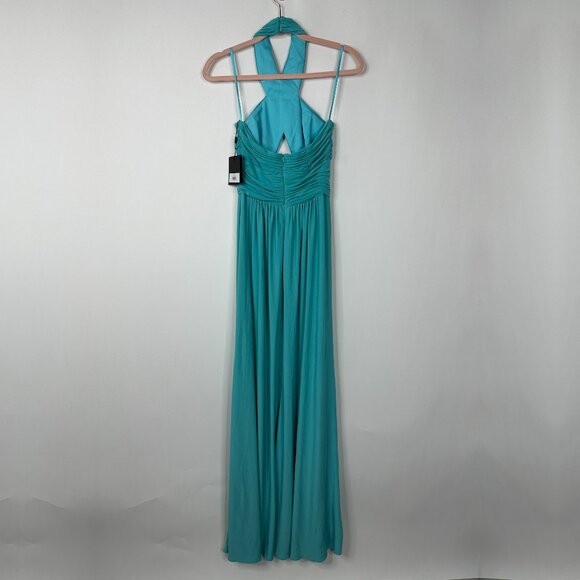 NWT Mac Duggal Cross Halter Neck Ruched Gown Aqua 2 #A0094 - Picture 4 of 7